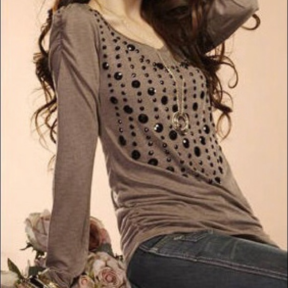 Sequins Creased Long Sleeves Blouse